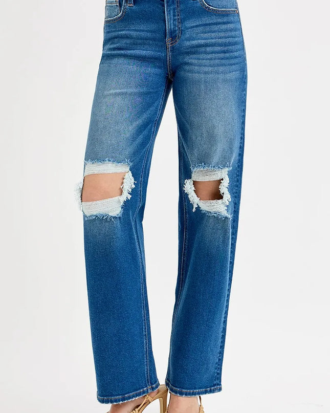 RISEN Full Size Mid Waist Fit Boyfriend Knee Distressed Jeans Plus Size - Sleekdenim.com