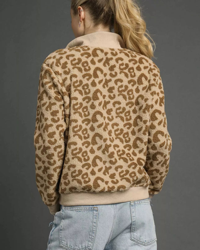 Umgee Leopard Print Quarter-Zip Sweatshirt - Sleekdenim.com
