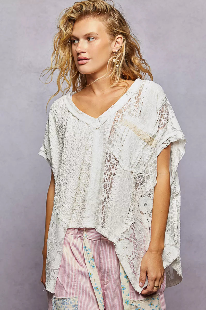 POL Asymmetrical V-Neck Short Sleeve Lace Top - 3