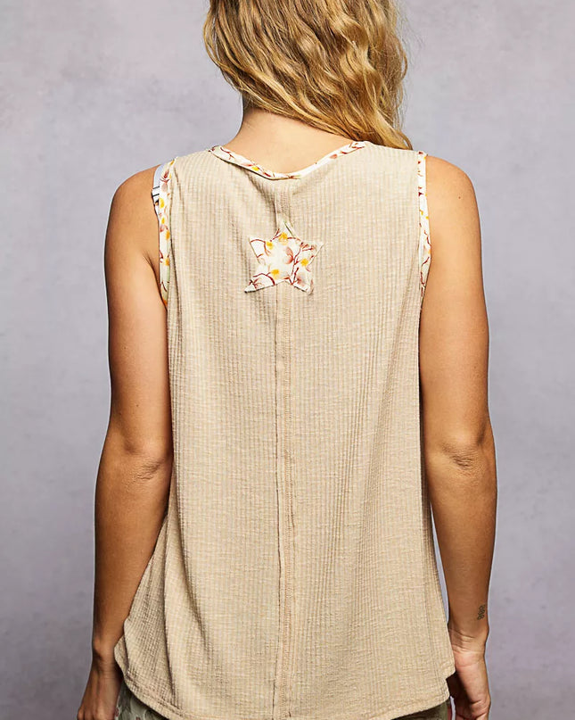 POL Washed Ribbed V-Neck Tank with Floral Print Star Patch - Sleekdenim.com