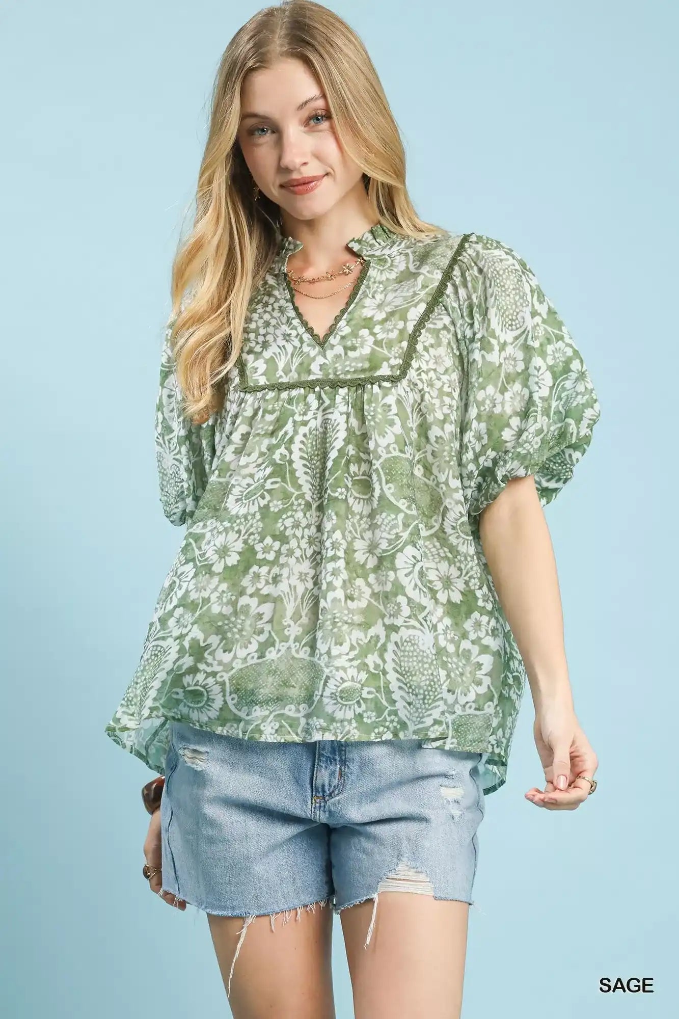 Umgee Abstract Print Ruffled Puff Sleeve Top - Sleekdenim.com