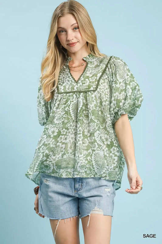 Umgee Abstract Print Ruffled Puff Sleeve Top - Sleekdenim.com