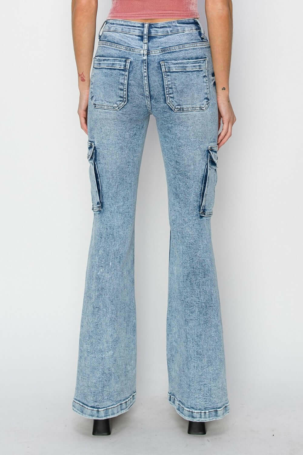 RISEN Full Size High Rise Cargo Flare Jeans.