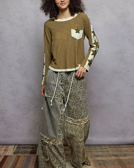 POL Round Neck Long Sleever T-Shirt with Star Patch - Sleekdenim.com