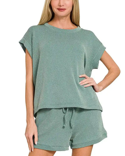 Zenana Raised Rib Cap Sleeve Top & Shorts Set - Sleekdenim.com