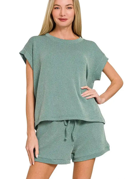 Zenana Raised Rib Cap Sleeve Top & Shorts Set - Sleekdenim.com