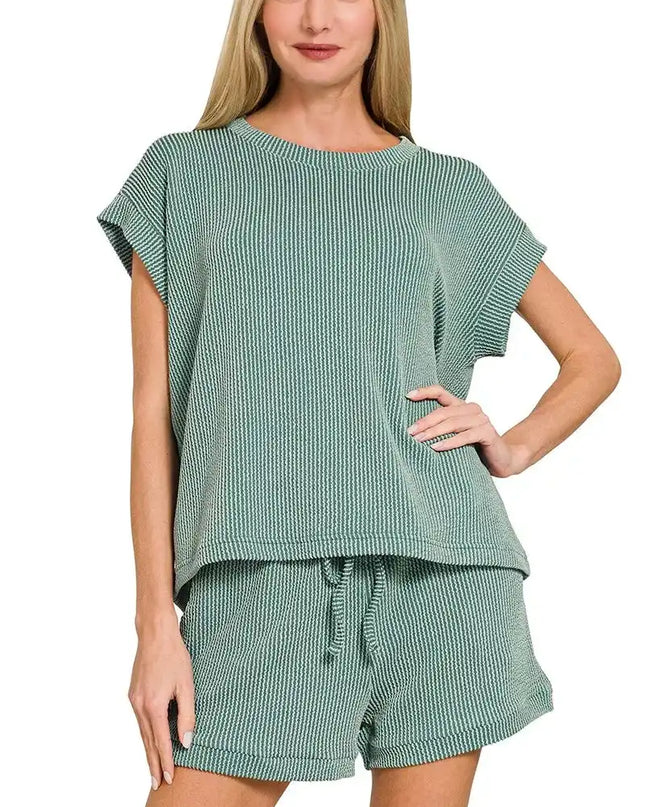 Zenana Raised Rib Cap Sleeve Top & Shorts Set - Sleekdenim.com