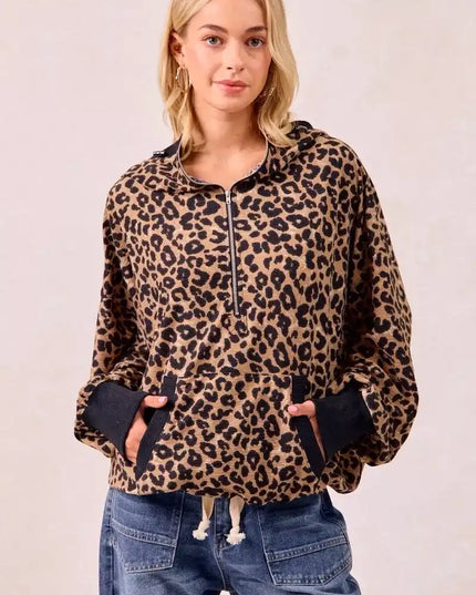 BiBi Leopard Print Waffle Half Zip Up Hoodie W Pocket - Sleekdenim.com