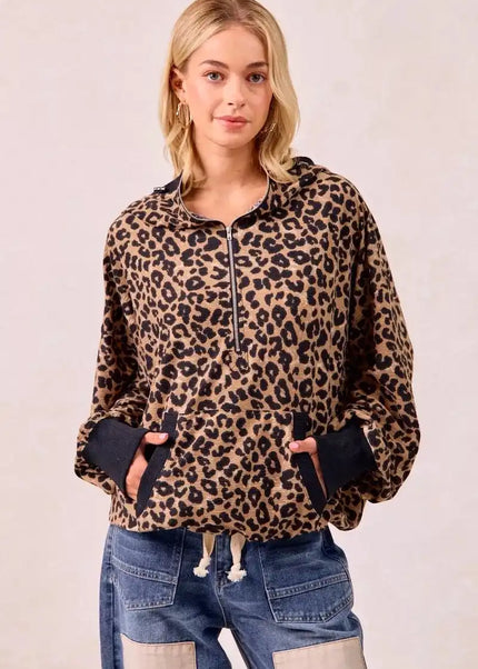BiBi Leopard Print Waffle Half Zip Up Hoodie W Pocket - Sleekdenim.com