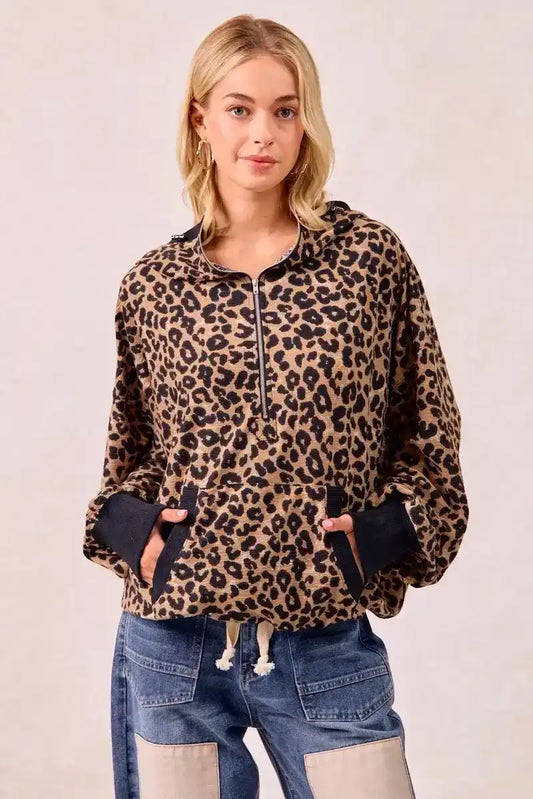 BiBi Leopard Print Waffle Half Zip Up Hoodie W Pocket
