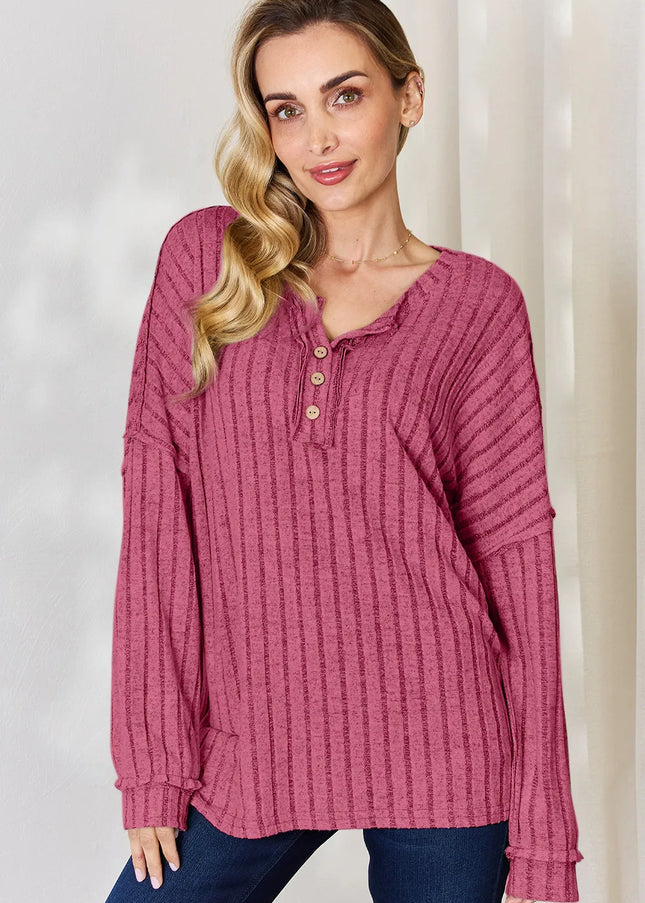 Basic Bae Full Size Ribbed Half Button Long Sleeve T-Shirt - Sleekdenim.com