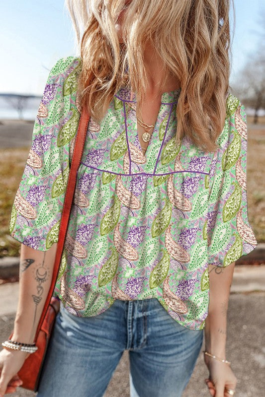 Boho Paisley Short Puff Sleeve V-Neck Blouse - 1