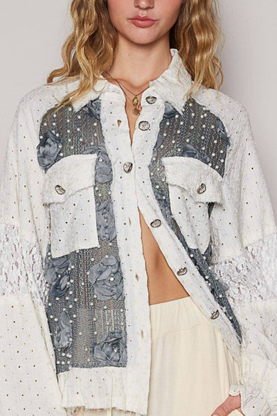 POL Eyelet Flower Pearl Detail Lace Patchwork Shirt | Sleekdenim.com