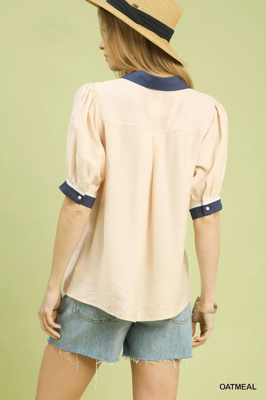 Umgee Embroidered Puff Sleeve Contrast Trim Top - Sleekdenim.com
