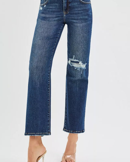RISEN High Rise Crop Slim Straight Jenas with Hidden Knee Patch - Sleekdenim.com