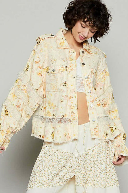 POL Raw Hem Lace Patch Flounce Sleeve Jacket | Sleekdenim.com