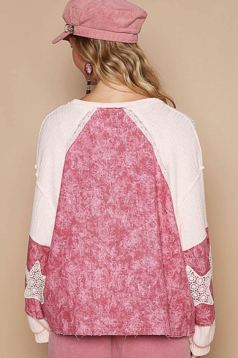 POL Lace Detail Floral Pattern V Neck Top | Sleekdenim.com