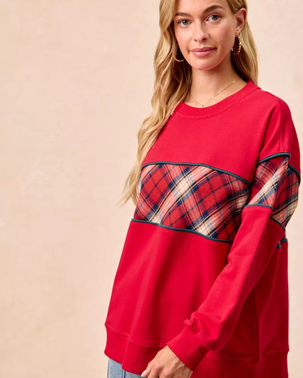 BiBi Christmas Theme Plaid Block Sweatshirt with Binding - Sleekdenim.com