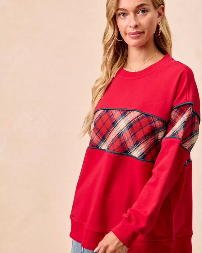 BiBi Christmas Theme Plaid Block Sweatshirt with Binding - Sleekdenim.com