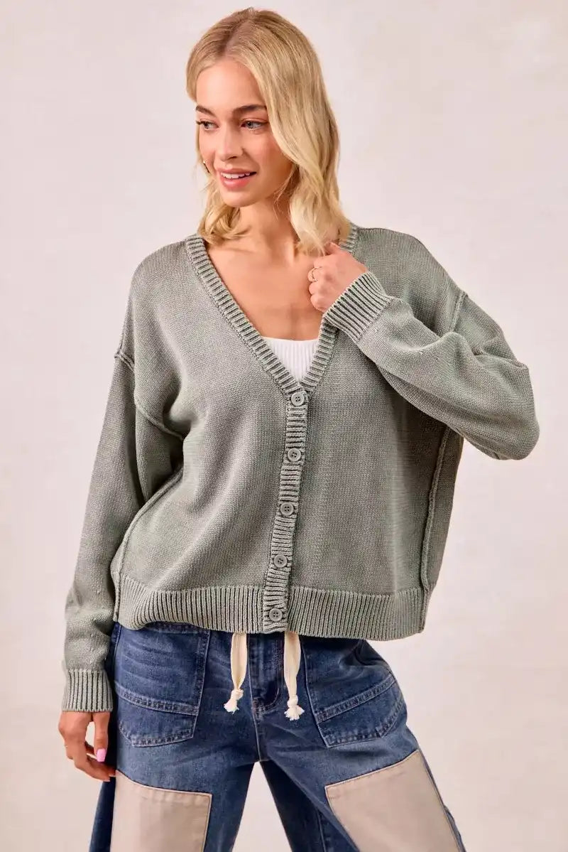 BiBi Washed Sweater V Neck Cardigan - Sleekdenim.com