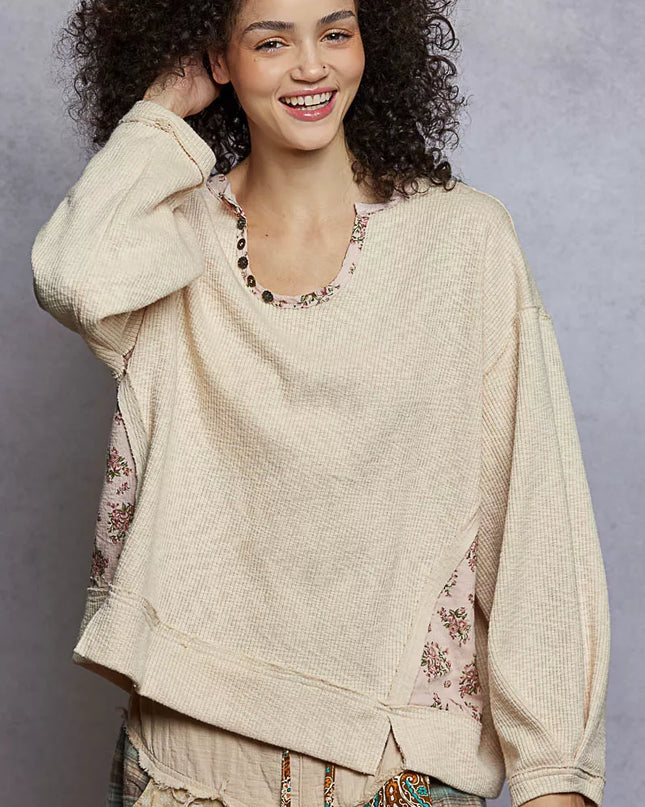 POL Balloon Sleeve Oversized Ribbed Top with Floral Pattern Contrast - Sleekdenim.com