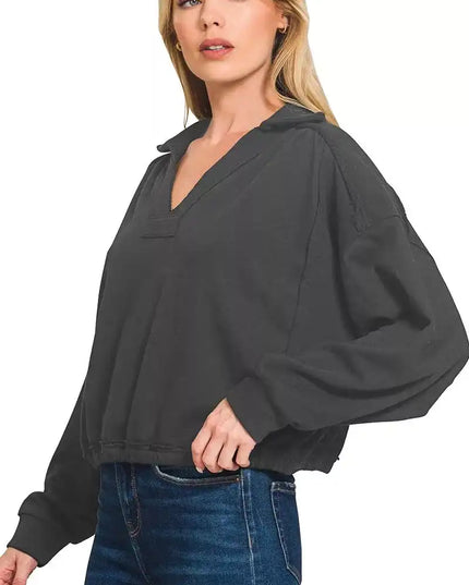 Zenana French Terry Collared Exposed Seam Sweatshirt - Sleekdenim.com