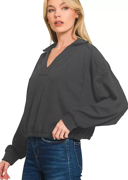 Zenana French Terry Collared Exposed Seam Sweatshirt - Sleekdenim.com