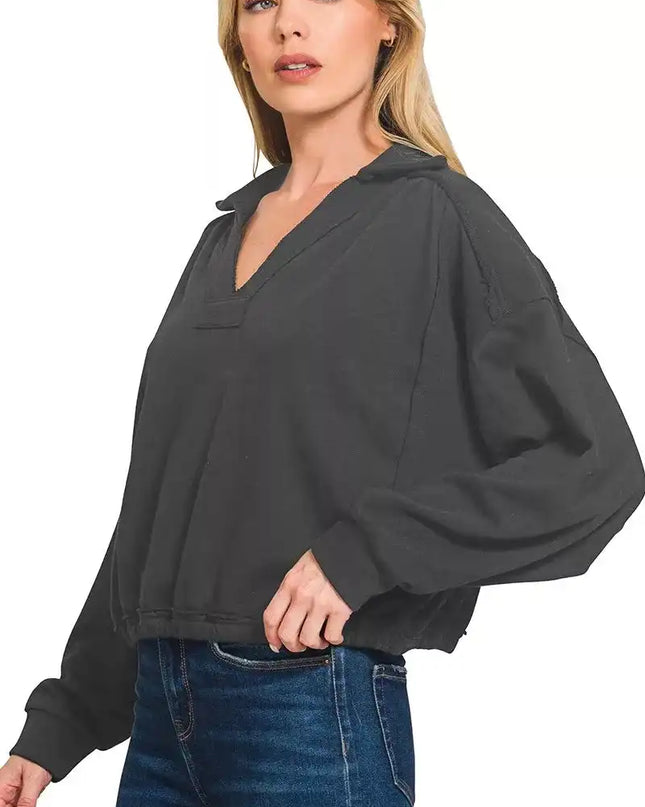 Zenana French Terry Collared Exposed Seam Sweatshirt - Sleekdenim.com
