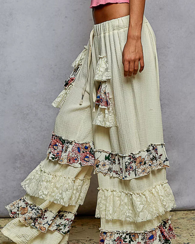 POL Drawstring Double Gauze Wide Leg Pants with Print and Lace Ruffle - Sleekdenim.com