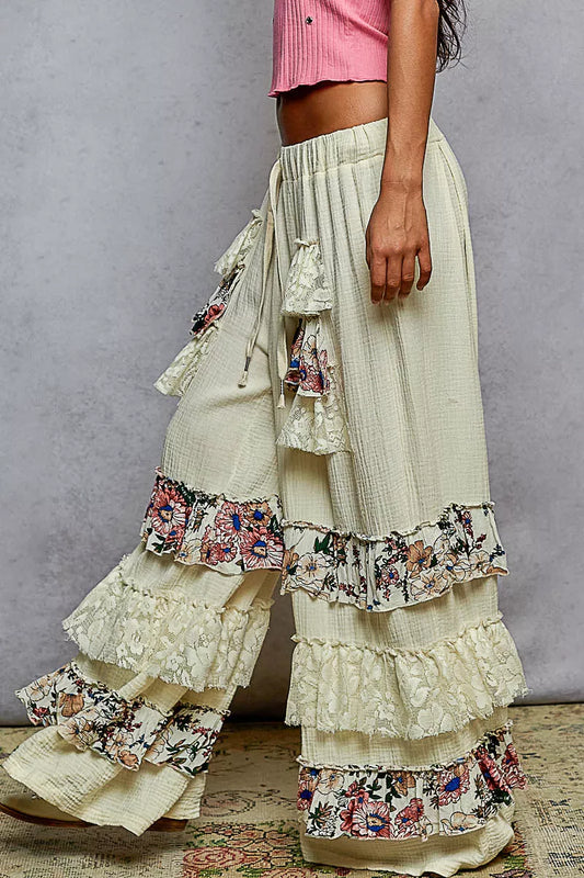 POL Drawstring Double Gauze Wide Leg Pants with Print and Lace Ruffle - Sleekdenim.com