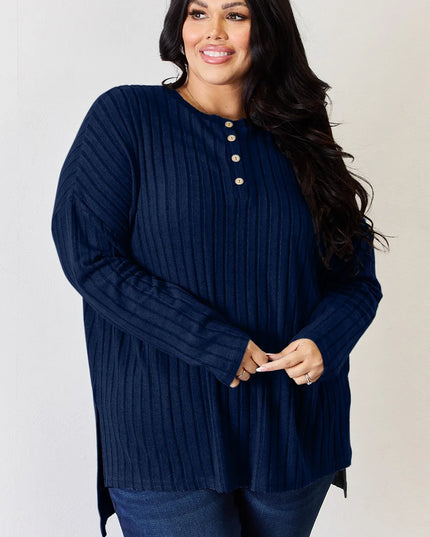 Basic Bae Full Size Ribbed Half Button Long Sleeve High-Low T-Shirt - Sleekdenim.com