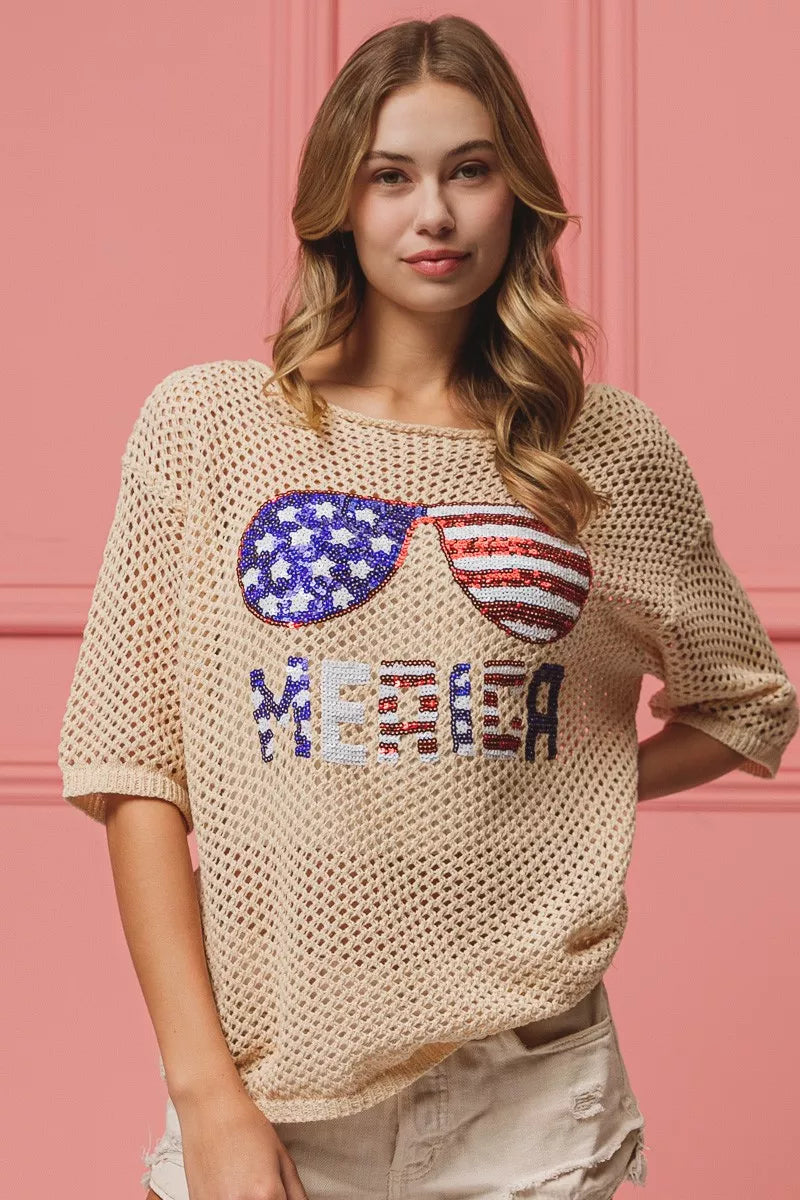 BiBi Sequin American Flag Sunglasses Knit Cover Up
