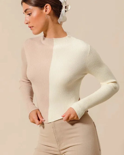SO ME Color Block Fitted Crop Sweater Top - Sleekdenim.com