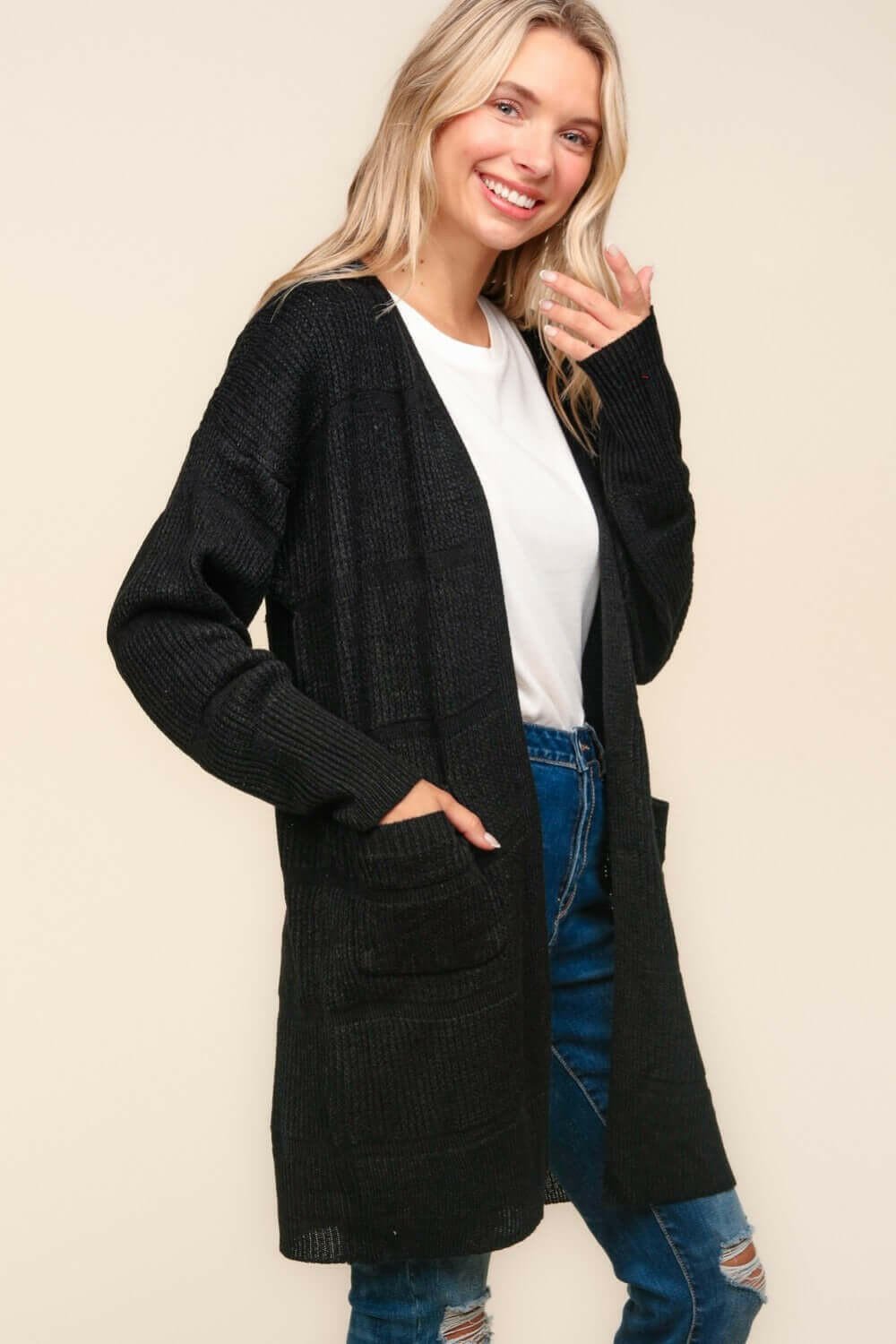 Haptics Stripe Textured Open Front Cardigan with Pockets | Sleekdenim.com