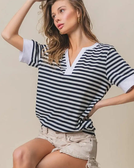 BiBi Contrast Striped Notched Knit Top - Sleekdenim.com