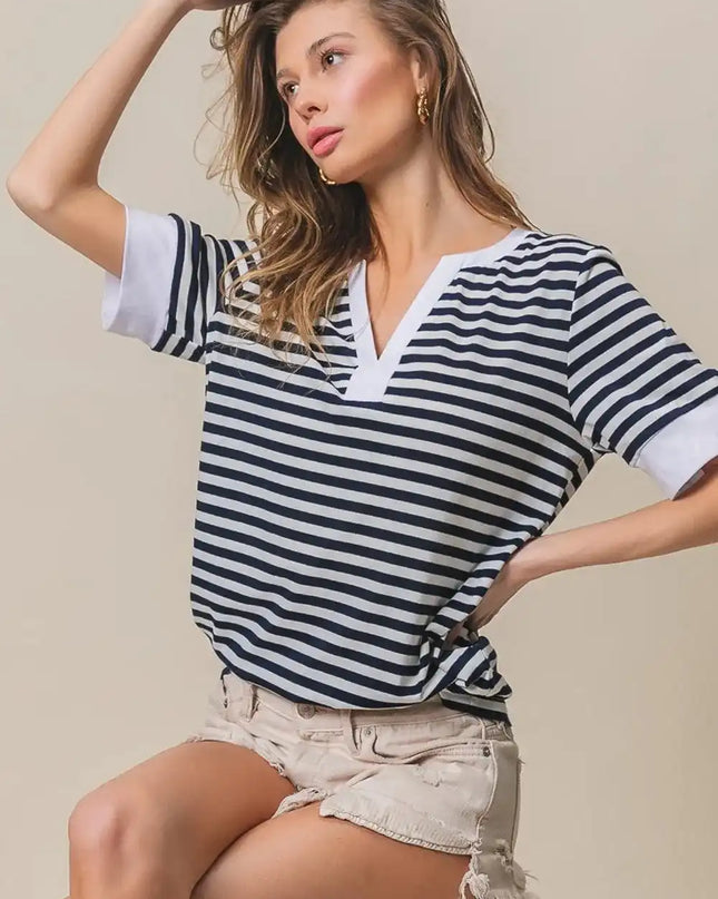 BiBi Contrast Striped Notched Knit Top - Sleekdenim.com