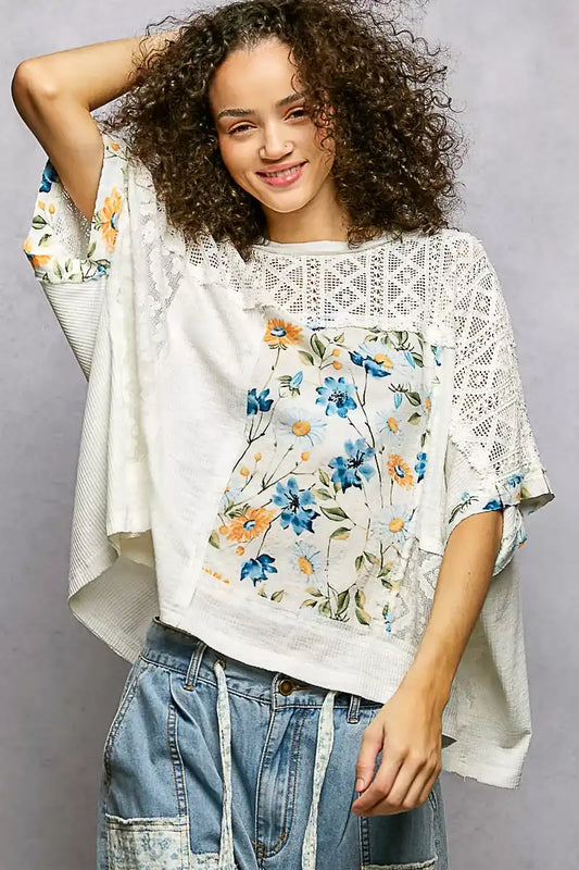 POL Floral Patchwork Lace Accent Blouse - Sleekdenim.com