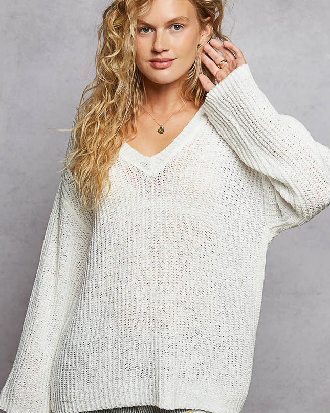 POL Oversized V-Neck Knit Top - Sleekdenim.com