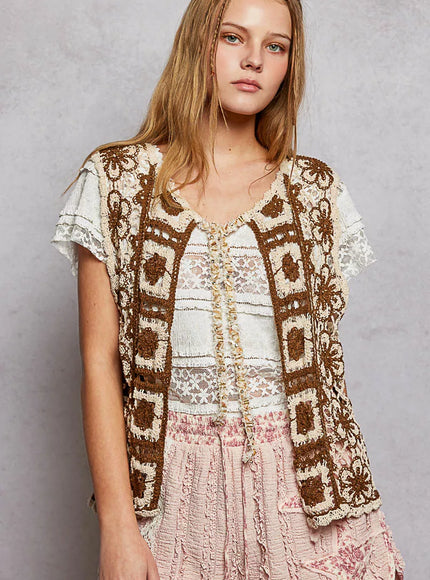 POL Tie Front Floral Pattern Crochet Vest with Scalloped Edge - 1