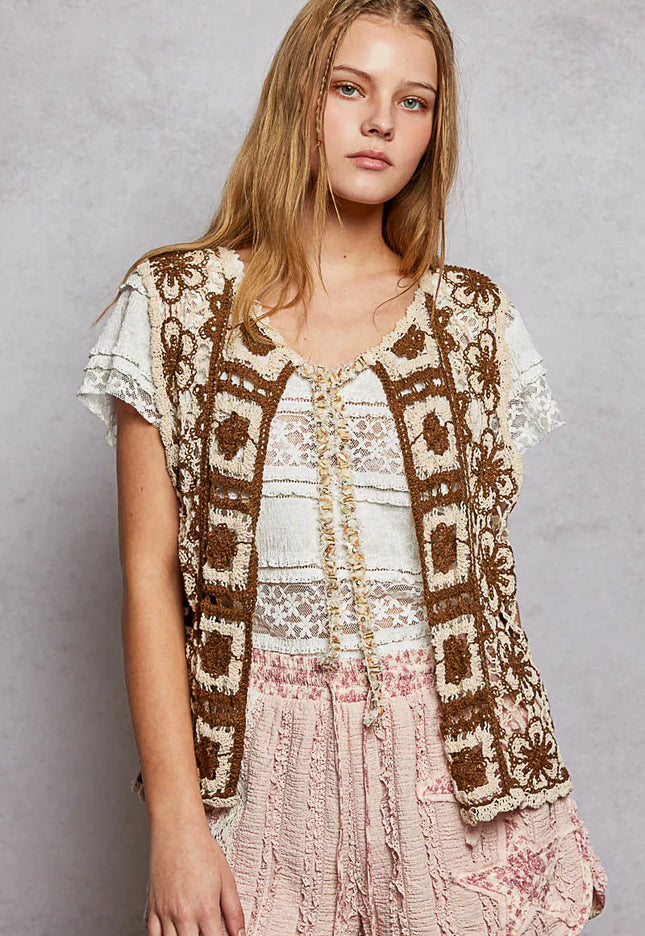 POL Tie Front Floral Pattern Crochet Vest with Scalloped Edge - 1