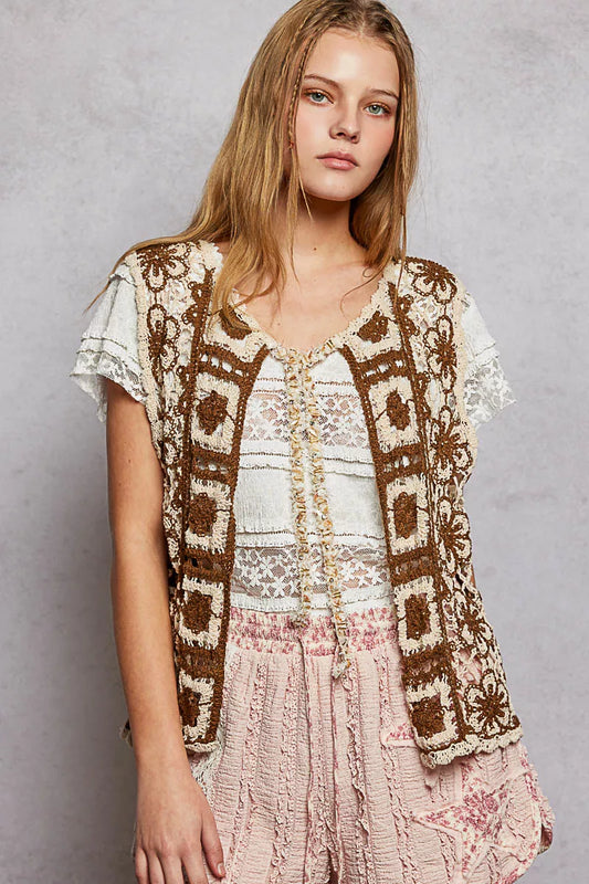 POL Tie Front Floral Pattern Crochet Vest with Scalloped Edge