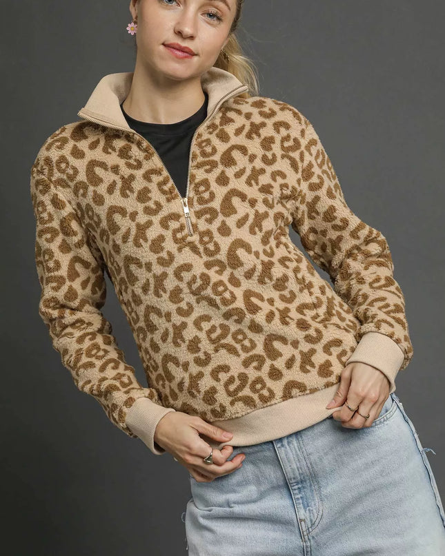 Umgee Leopard Print Quarter-Zip Sweatshirt - Sleekdenim.com