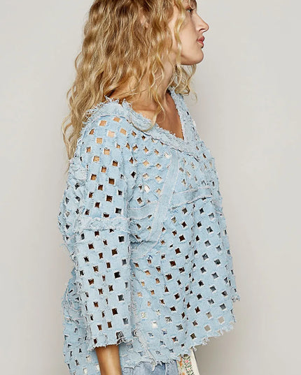 POL V-Neck Short Sleeve Top with Laser Cut Detail - Sleekdenim.com