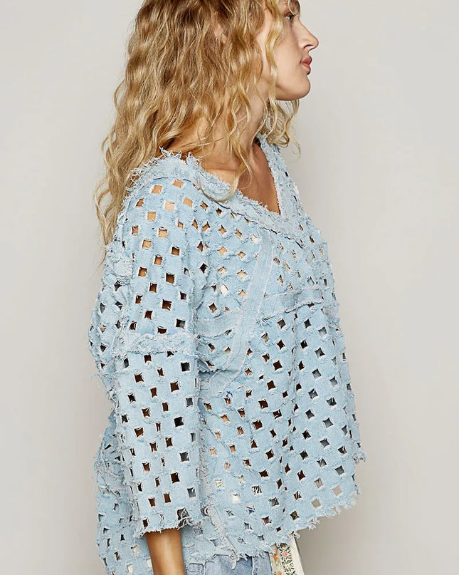 POL V-Neck Short Sleeve Top with Laser Cut Detail - Sleekdenim.com