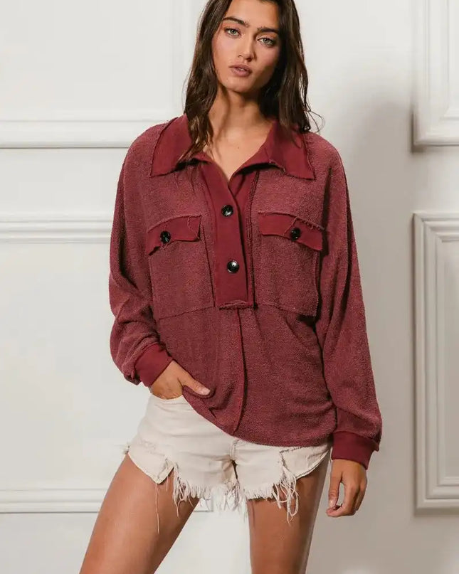 BiBi Cp French Terry Cut Edge Detail Collared Top - Sleekdenim.com