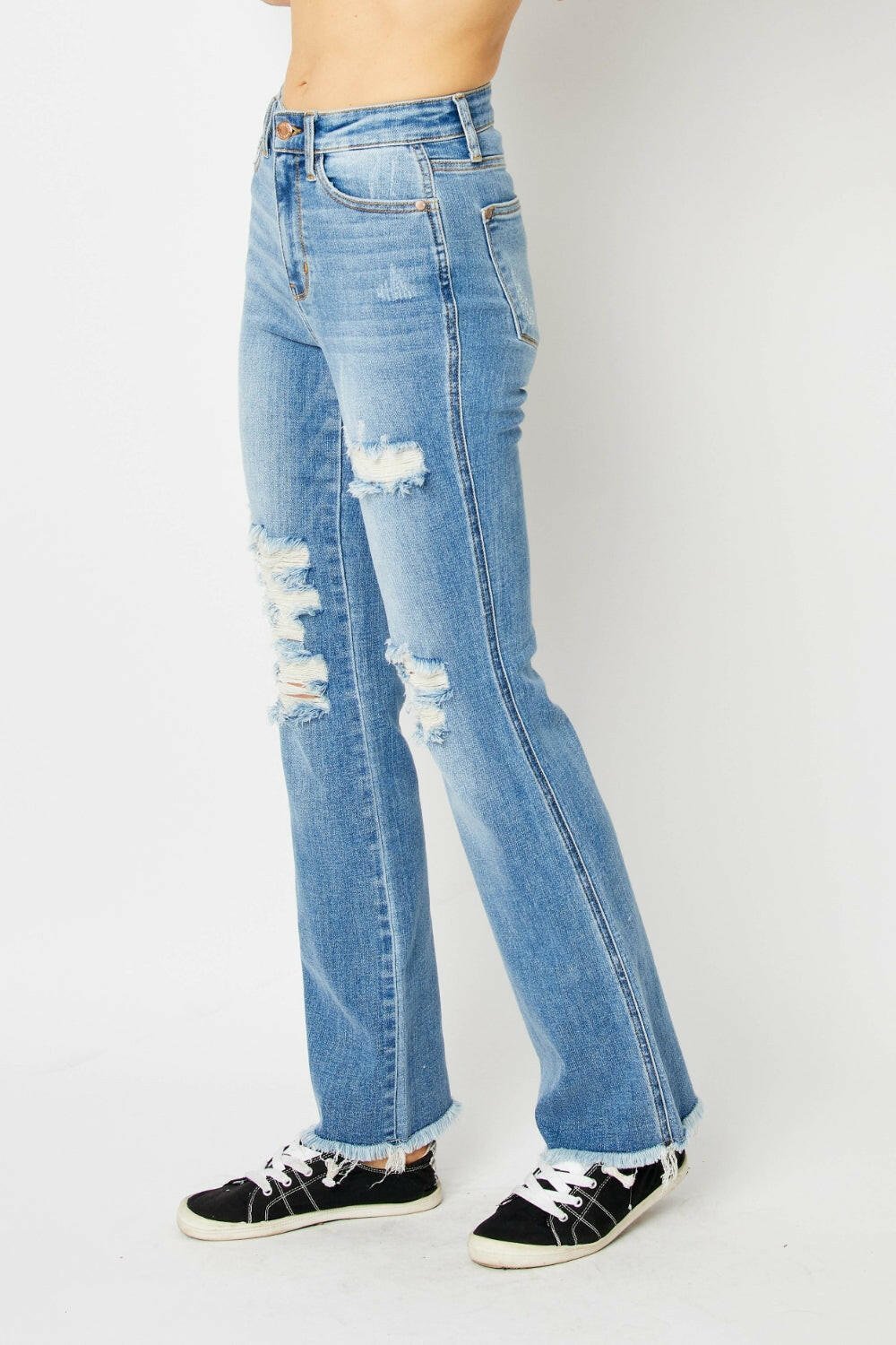 Judy Blue Full Size Distressed Raw Hem Bootcut Jeans | Sleekdenim.com