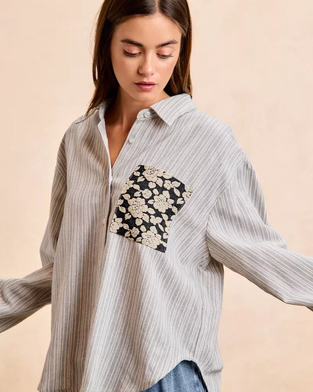 BiBi Flower Jacquard Knit Patch Pocket Stripe Shirt - Sleekdenim.com