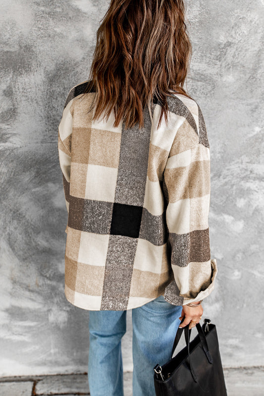 Khaki Plaid Color Block Buttoned Pocketed Shacket - Sleekdenim.com