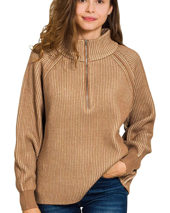 Zenana Ribbed Two Tone Half Zip Sweater - Sleekdenim.com