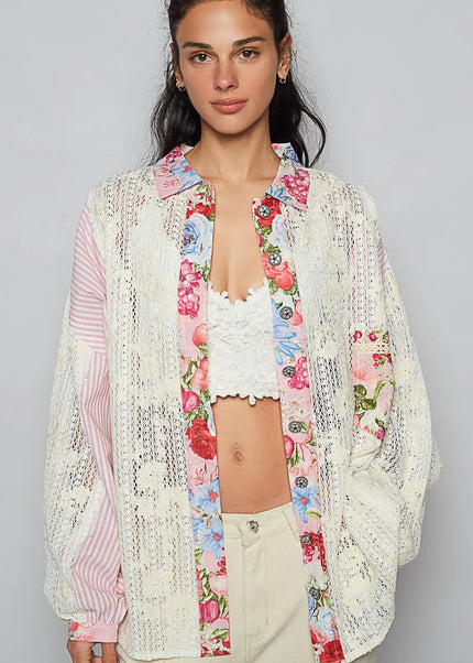 POL Lace Long Sleeve Shirt with Floral and Striped Pattern - Sleekdenim.com